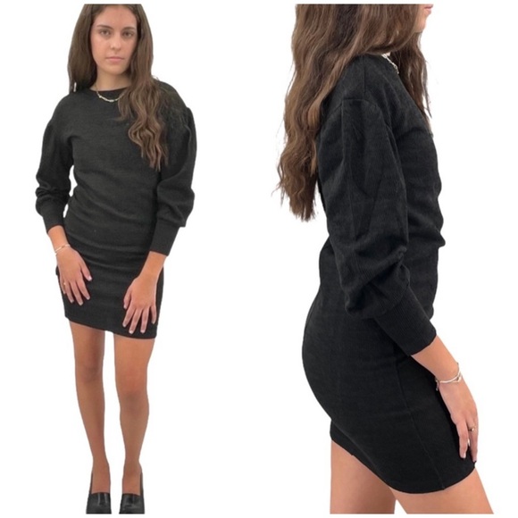 NEW Walter Baker Polly Mini Sweater Dress Puffy Sleeves Ribbed Knit Dark Gray XS - Picture 1 of 11